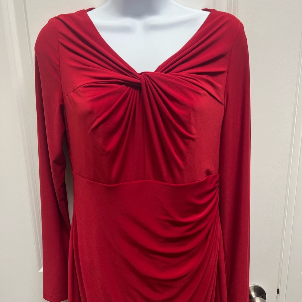 Lauren Ralph Lauren Red,twist neckline,Gathered Long Sleeve Midi Dress 6 - Picture 3 of 12